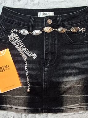 Black Denim Womens/ Girls Mini Skirt with Decorative Chain Belt